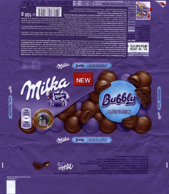 Milka, milk chocolate with aerated milk chocolate filling, 100g, 21.12.2014, Mondelez Polska, Jankowice, Poland