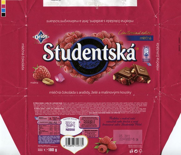 Studentska Pecet, milk chocolate with nuts, raspberry jelly, 180g, 05.2012, Nestle Cesko s.r.o, Praha, Czech Republic