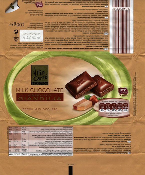 FinCarre, milk chocolate with ground roasted hazelnuts, 100g, 25.06.2014, Solent GmbH & Co. KG., Ubach-Palenberg, Germany