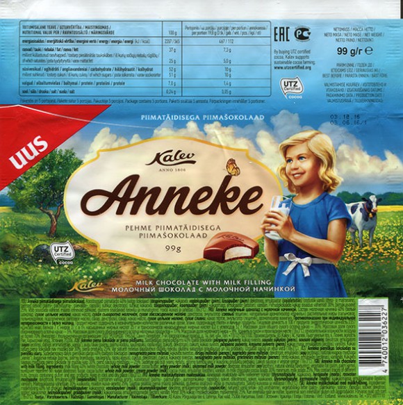 Anneke, milk chocolate with milk filling, 99g, 03.06.2016, AS Kalev, Lehmja, Estonia