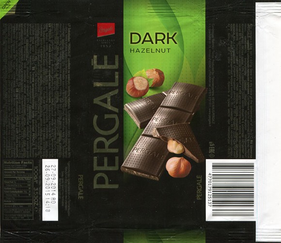 Dark chocolate with whole hazelnuts, 100g, 27.09.2014, Vilniaus Pergale AB, Vilnius, Lithuania