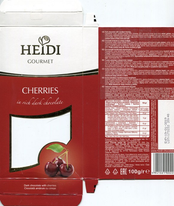 Dark chocolate with candied cherries, 100g, 19.01.2018, produced in EU, Heidi Chocolat S.A, Pantelimon, Romania