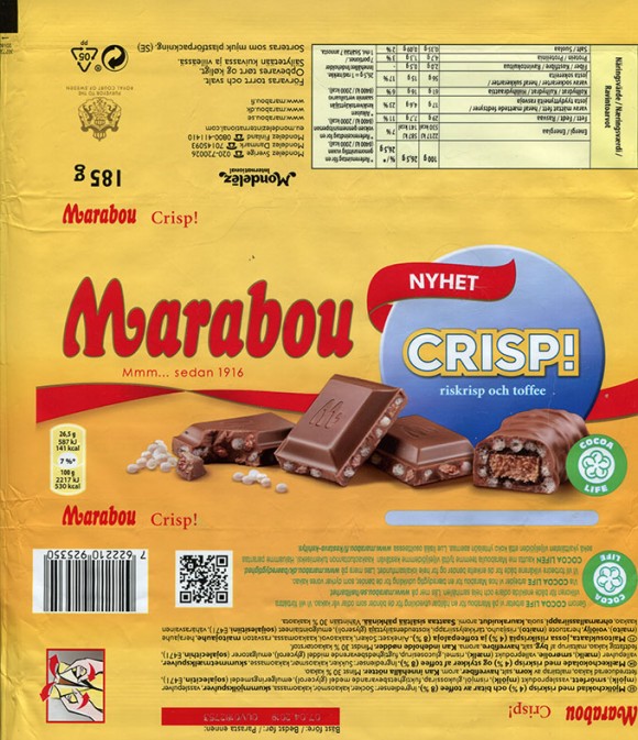 Marabou, milk chocolate with rice crisp and toffee pieces, 185g, 07.04.2018, Mondelez International (Sverige), Sweden