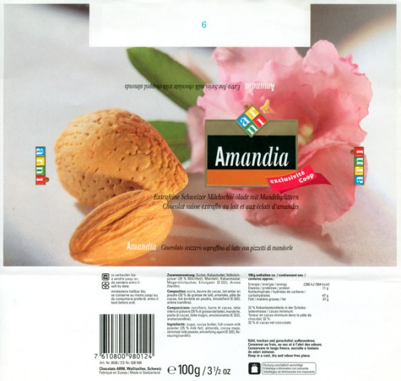 Amandia, extra-fine swiss milk chocolate with chopped almonds, 100g, Chocolats Arni, Wallisellen, Switzerland