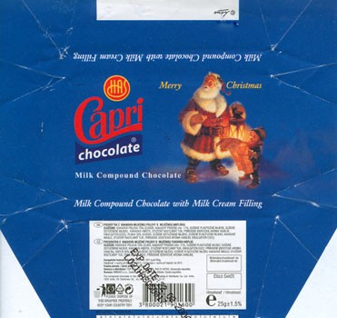 Capri, Merry Christmas, milk compound chocolate with milk cream filling, 25g, 22.06.2006, Alfa Trading & Distributor Co. Ltd. Sofia, Bulgaria