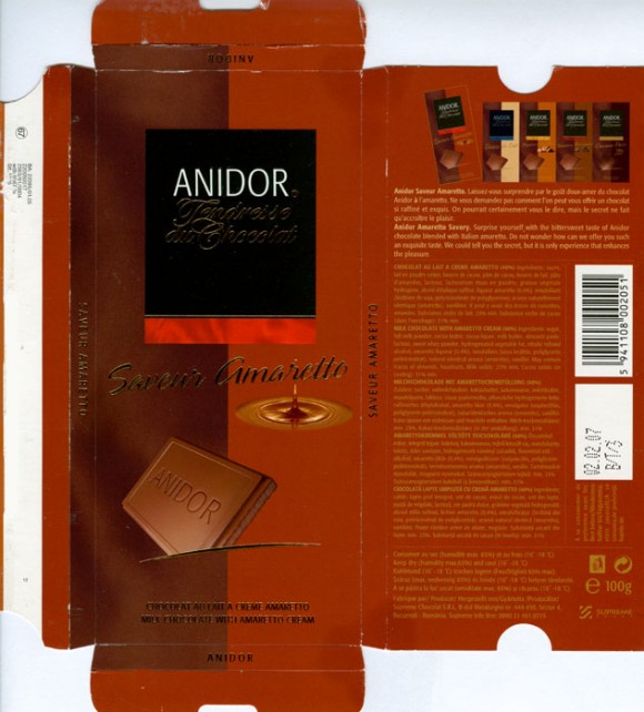 Anidor, Tendresse du Chocolat, Saveur Amaretto, milk chocolate with amaretto cream, 100g, 02.02.2006, Supreme chocolat S.R.L, Bucharest, Romania