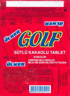 Golf, compound milk chocolate, 11g, 08.2001, Produced by Ulker Gida Sanay Ticaret A.S, Stanbul, Turkey