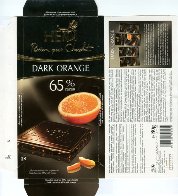 Passion pour chocolat, dark chocolate 65% with orange, 80g, 07.2006, Heidi Chocolats Suisse S.A., Jud.Ilfov, Romania