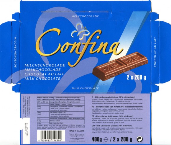 Confina, milk chocolate, 400g, 21.05.2010, Van Houten GmbH & Co.KG, Hamburg, made in Belgium