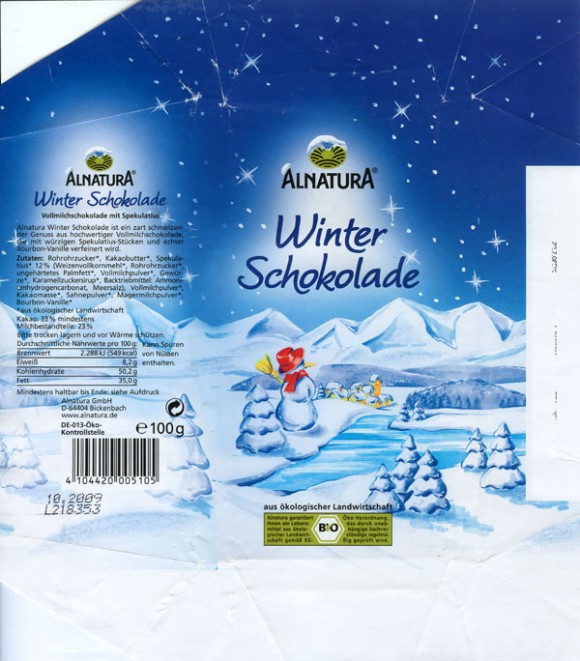 Winter chocolate, milk chocolate, 100g, 10.2008, Alnatura GmbH, Bickenbach, Germany