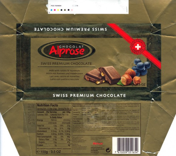 Alprose, milk chocolate with raisins and hazelnuts, 100g, 20.05.2006, Chocolat Alprose SA, Caslano-Lugano, Switzerland