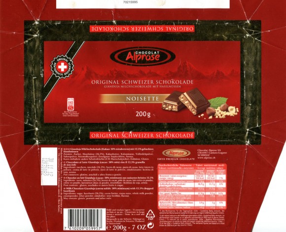 Milk chocolate Gianduja with 12,5% chopped hazelnuts, 200g, 30.11.2012, Chocolat Alprose S.A, Caslano/Lugano, Switzerland