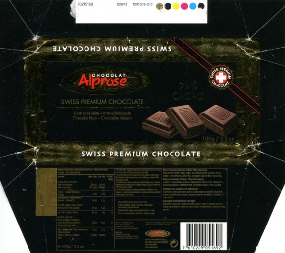 Dark chocolate, 100g, 24.03.2012, Chocolat Alprose S.A, Caslano/Lugano, Switzerland