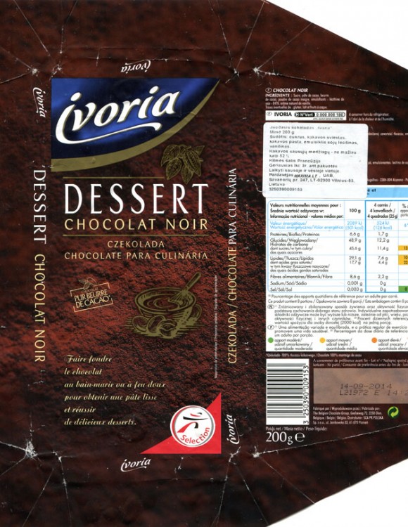 Ivoria, dark dessert chocolate, 200g, 14.09.2013, The Belgian Chocolate Group, Olen, Belgium