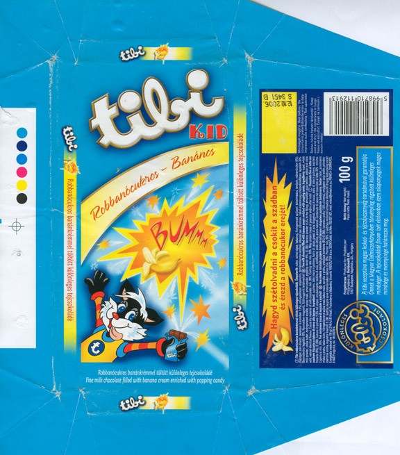 Tili Kid, fine milk chocolate with banana cream enriched with popping candy, 100g, 12.10.2005, Bonbonetti Kft, Budapest, Hungary