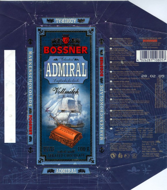 Admiral, aerated chocolate, whole milk chocolate bars, 100g, 28.02.2004, Bossner, Germany