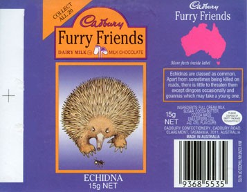 Furry friends Echidna, milk chocolate, 15g, Cadbury confectionery, Claremont, Tasmania, Australia
