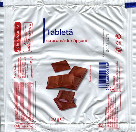 Chocolate tablet filled with berries cream flavoured, 100g, 21.11.2014, S.C.Carrefour Romania S.A., Bucuresti, Romania