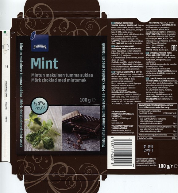 Dark chocolate with mint flavoured, 100g, 01.2015, Cemoi chocolatier for S-ryhma Finland, France