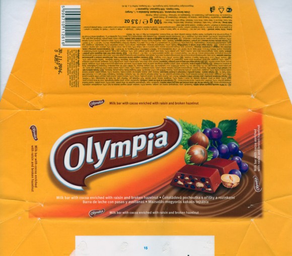 Olympia, milk bar with cocoa enriched with raisin and broken hazelnut, 100g, 30.11.2005, Choko Service, Budapest, Hungary