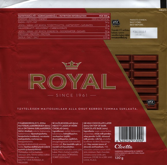 Royal, milk chocolate layer on top of dark chocolate base, 120g, 02.02.2015, Cloetta Suomi Oy, Turku, Finland