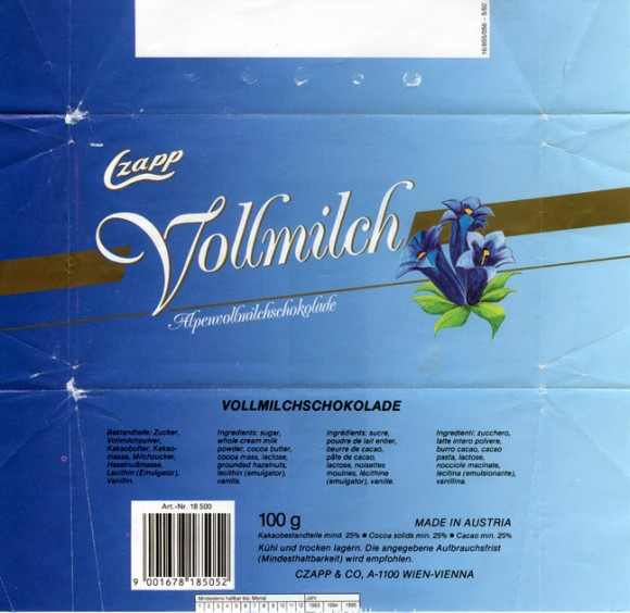 Vollmilch,milk chocolate , 100g, 02.1994
Czapp, Austria, Wien