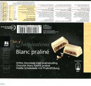 Taste of inspiration, white chocolate with praline filling, 75g, about 2012, S.A. Delhaize Group N.V., Bruxelles-Brussel, Belgium