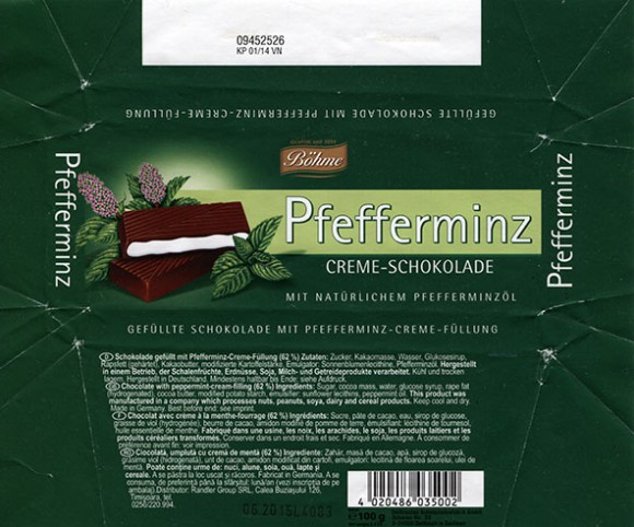 Bohme, Pfefferminz, chocolate with mint-cream filling, 100g, 06.2014, Delitzscher Schokoladenfabrik, Delitzsch in Sachsen, Germany