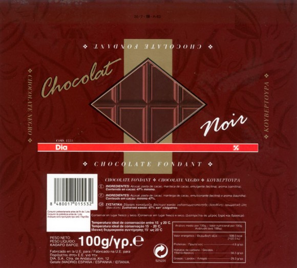 Dark chocolate, 100g, manufactured in E.U. for DIA S.A., Gefate (Madrid), Spain