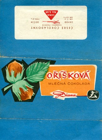 Milk chocolate with nuts, 50g, about 1960, Diana, Decin, Czech Republic (CZECHOSLOVAKIA)