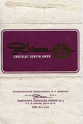 Diana, chocolat surfin amer, dark chocolate, 25g, about 1980, Ceskoslovenske Cokoladovny, O.P. Modrany, zavod Diana, Decin, Czech Republic (CZECHOSLOVAKIA) 