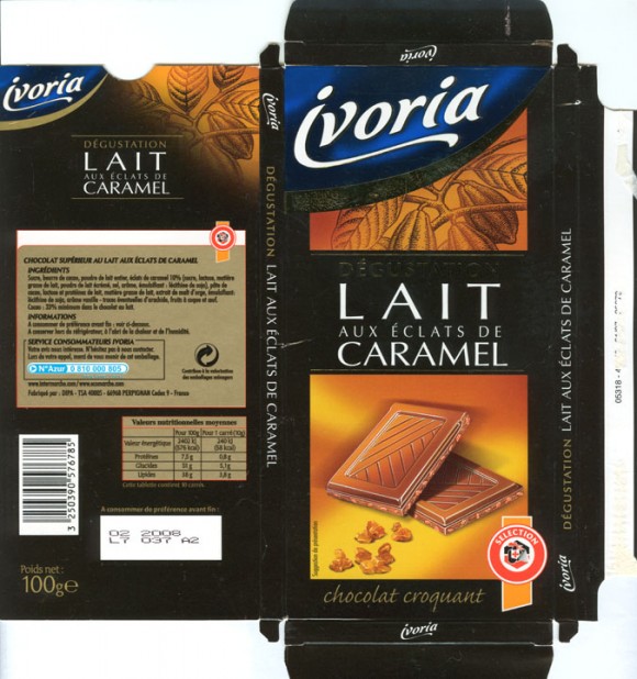 Ivoria, milk chocolate with caramel crunch, 100g, 02.2007, DIPA TSA 40005, Perpignan Cedex 9 , France