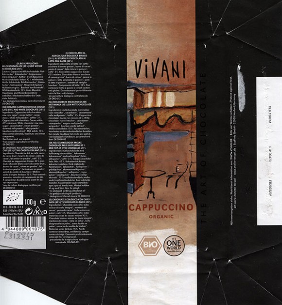 Vivani, organic cappuccino milk chocolate, 100g, 02.2014, EcoFinia GmbH, Herford, Germany/ art work Annette Wessel