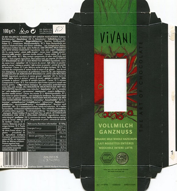 Vivani, organic milk whole hazelnut, 100g, 05.2014, EcoFinia GmbH, Herford, Germany/ art work Annette Wessel
