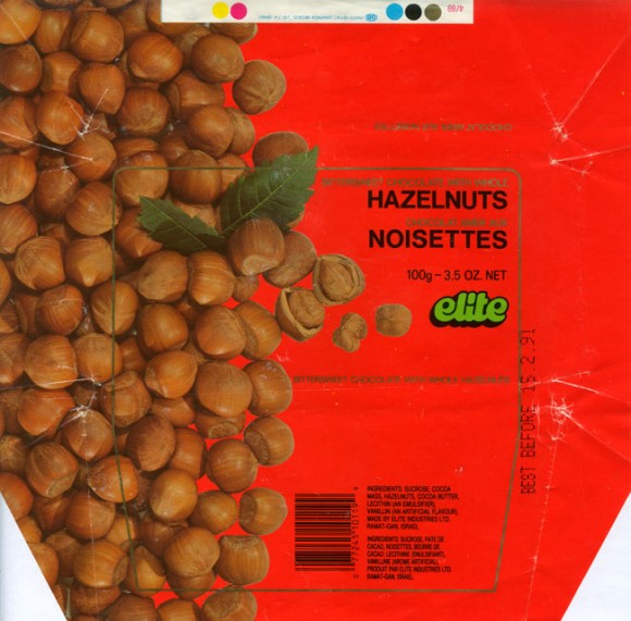 Bittersweet chocolate with whole hazelnuts, 100g, 15.02.1990, Elite Industries Ltd, Ramat-Gan, Israel