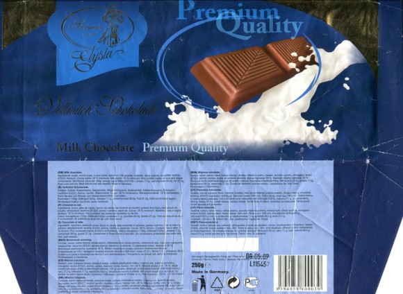 Premium quality, milk chocolate, 250g, 08.05.2007, Elysberg Confiserie BVBA Heusden, Belgium, made in Germany