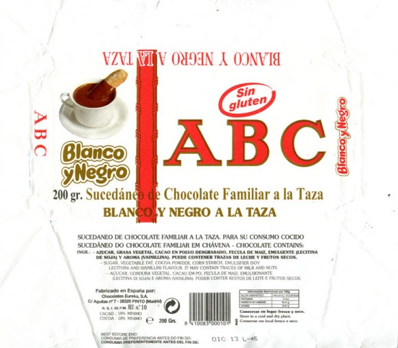 ABC, Blanco y Negro, 200g, 12.2012, Chocolates Eureka S.A., Pinto (Madrid), Spain