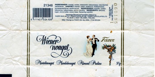 Wiener nougat, milk chocolate with almonds, 37g,06.01.1994
Fazer Suklaa OY, Helsinki, Finland