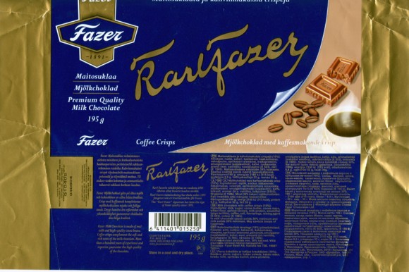 Karlfazer, milk chocolate with coffee crisps, 195g, 04.06.2004
Fazer Suklaa OY, Helsinki, Finland