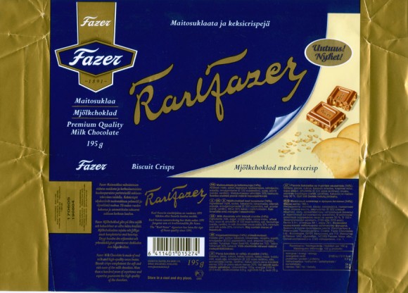 Karlfazer, milk chocolate with biscuit crumbs, 195g, 19.08.2004
Fazer Suklaa OY, Helsinki, Finland