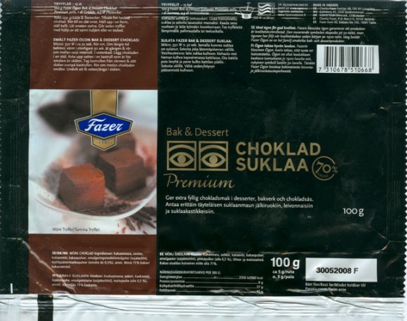 Dessert chocolate Premium, dark chocolate, 100g, 30.05.2007, Cloetta Fazer Chocolate Ltd, Helsinki, Finland, Made in Sweden