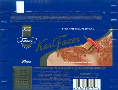 KarlFazer, milk chocolate with corn-crispes and chili, 42g, 07.05.2008 Cloetta Fazer Chocolate Ltd, Helsinki, Finland