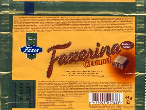 Fazerina, milk chocolate with truffle filling, 44g, 03.12.2008, Cloetta Fazer Chocolate Ltd, Helsinki, Finland