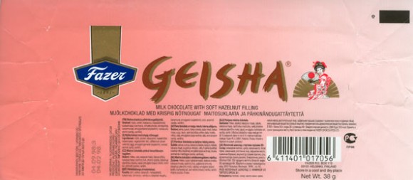 Geisha, milk chocolate with soft hazelnut filling, 38g, 04.02.1998, Fazer, Helsinki, Finland