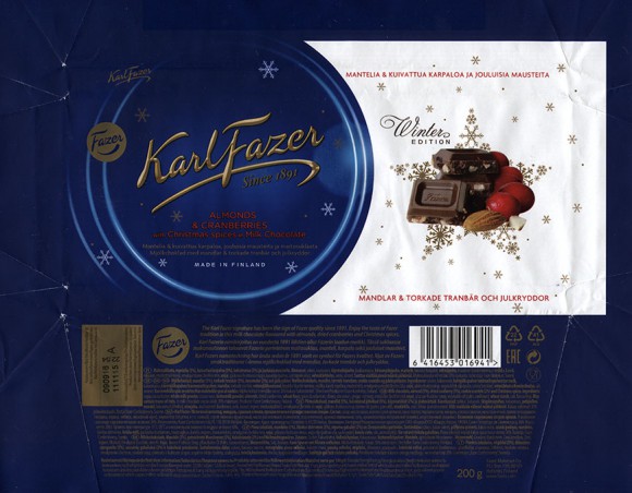 KarlFazer Since 1891, Winter Edition, milk chocolate, almond, dried cranberry, cookie crumble and Christmas spices, 200g, 11.09.2015, Fazer Makeiset oy, Helsinki, Finland