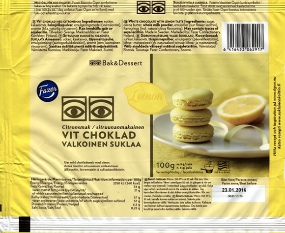 White chocolate with lemon taste, 100g, 23.01.2015, 100g, 24.03.2015, Fazer Makeiset oy, Helsinki, Finland