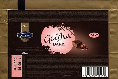 Geisha, dark chocolate with soft hazelnut filling, 37g, 06.09.2014, Fazer Makeiset oy, Helsinki, Finland