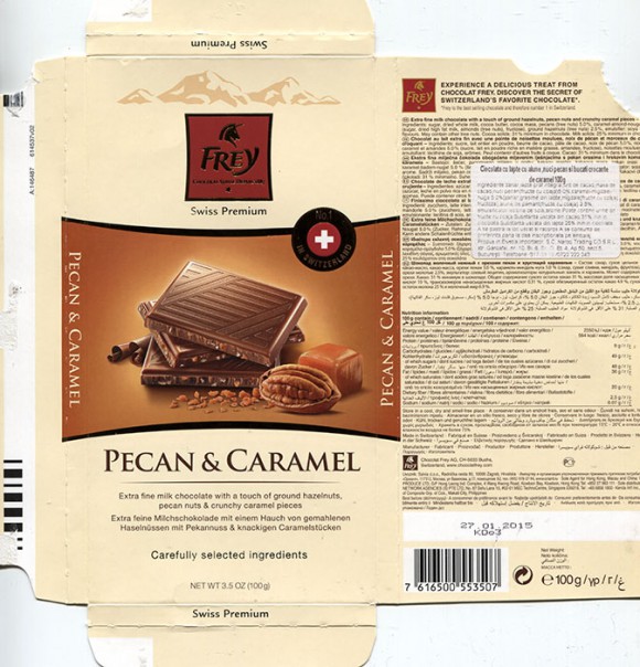 Extra fine milk chocolate with a touch of ground hazelnuts, pecan nuts and crunchy caramel pieces, 100g, 27.01.2014, Chocolat Frey AG, Buchs, Switzerland