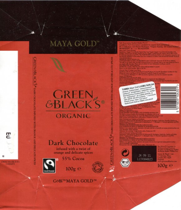 Dark chocolate infused with a twist of orange and delicate spices, 100g, 24.09.2010, Green & Black