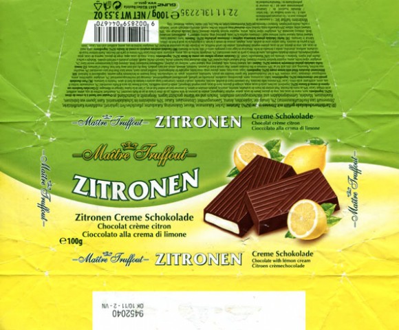 Zitronen, chocolate with lemon cream, 100g, 22.11.2012, Gunz, Mader, Austria
